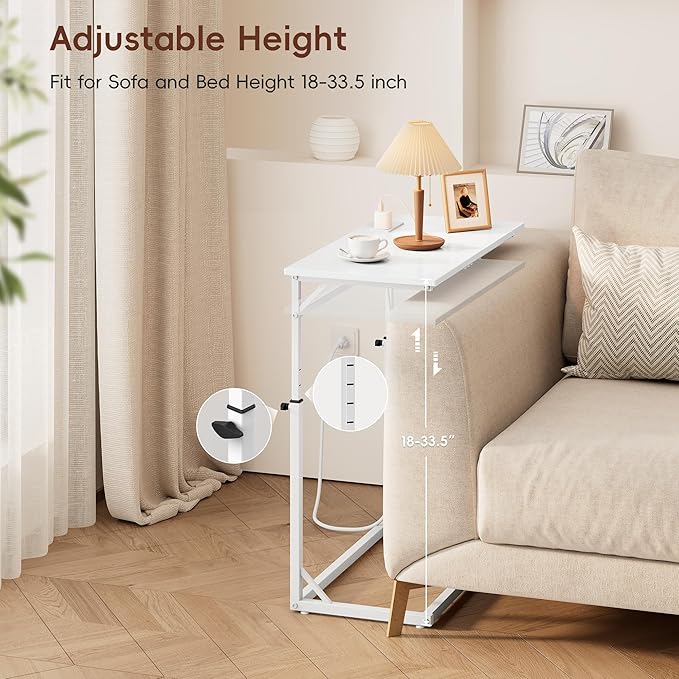 Vagusicc C Shaped End Table with Charging Station, C-Table End Table Adjustable Height Side Table for Couch, Large Couch Table, Slide Under Sofa Table TV Tray Arm Table for Living Room, Bedroom, White