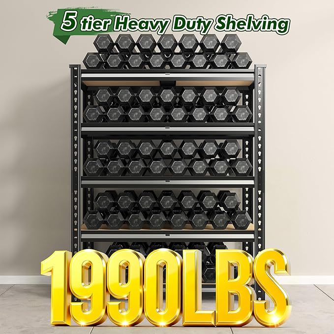 60.1" H Garage Storage Shelves 1990LBS Storage Shelves, 5 Tier Adjustable Metal Shelving, Garage Shelving for Storage, Basement, Warehouse, Pantry, Kitchen, 27.5" W x 11.9" D x 60.1" H, Black