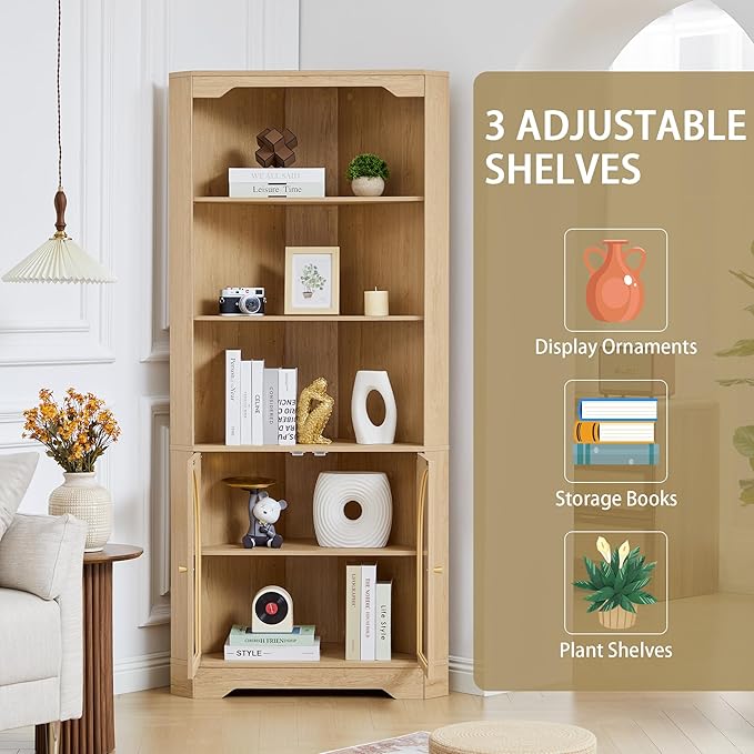 Mid-Century Modern 70" H Tall Coner Storage Cabinet with Doors & Adjustable Shelves, Wood Home Coner Pantry Hutch for Kitchen, Dining Living Room, Bathroom, Antique Dispaly (Black)