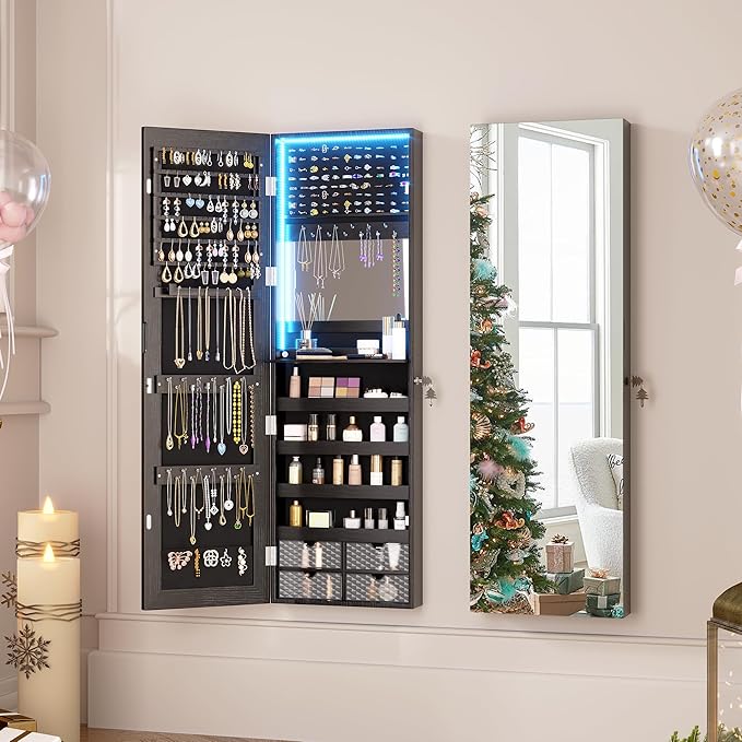 Vlsrka 47.2" LED Jewelry Armoire Organizer, Wall/Door Mounted with Full Length Mirror, Large Storage Hanging Cabinet, 4 Drawers, 5 Shelves, Built-in Lighted Mirror (Wood Black)