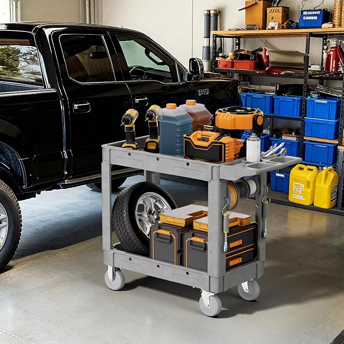 2 Tier Plastic Rolling Utility Cart on Wheels, Heavy Duty Tool Cart with Deep Shelves and 360° Swivel Wheels Holds up to 550 lbs, Service Cart for Garage, Warehouse, Cleaning (Grey-M)