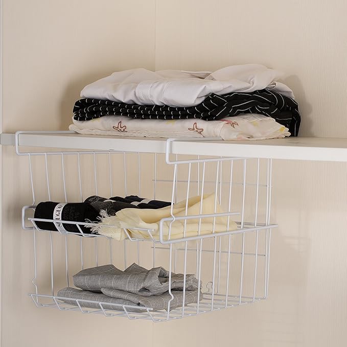 Under Shelf Storage Basket, 2-Pack Under Shelf Hanging Metal Wire Storage Basket Organizer for Kitchen, Office, Pantry, Bathroom, Cabinet, White