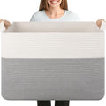 XXXL Supre Large Blanket Basket for Clothes, Towels, Pillows, 108L Cotton Rope Storage Basket for Living Room, Woven Toy Storage for Kids, 25" x 16" x 16", Grey and White