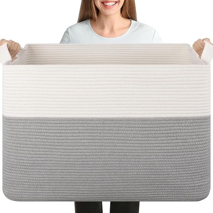 XXXL Supre Large Blanket Basket for Clothes, Towels, Pillows, 108L Cotton Rope Storage Basket for Living Room, Woven Toy Storage for Kids, 25" x 16" x 16", Grey and White