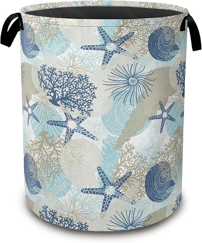 Large Laundry Basket,Corals Seashells Collapsible Laundry Baskets,Cute Algae Waterproof Oxford Hamper with Handles for Bathroom Bedroom Nursery Home Storage 16"x20"
