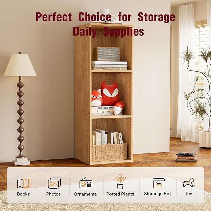 Book Shelf, Wooden Cube Storage Organizer with 11" Open Cubes, Stackable Modular Bookcase for Room Divider Storage, 3 Tier Bookshelf for Living Room, Bedroom, Office (Oak, 3-Cube)