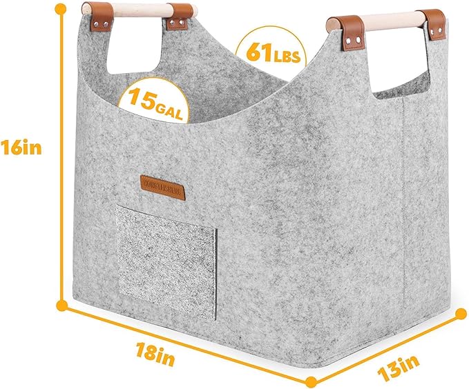 XL 4MM Felt Firewood Carrier | Log Carrier for Firewood | Wood Container with Extra Thick Felt Foldable & Reinforced Handle | Storage Basket for Shopping, Firewood, Logs, Newspaper (LIGHT GRAY)
