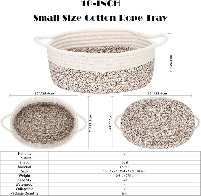 Sea Team 2-Pack Cotton Rope Baskets, 10 x 7 x 4 Inches Small Woven Storage Basket, Fabric Tray, Bowl, Oval Open Dish for Fruits, Jewelry, Keys, Sewing Kits (Mottled Brown & White)
