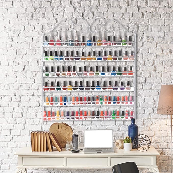 DAZONE Nail Polish Holder - 6 Tier Metal Rack, Wall Mount Organizer Holds 120 Bottles, White Shelf