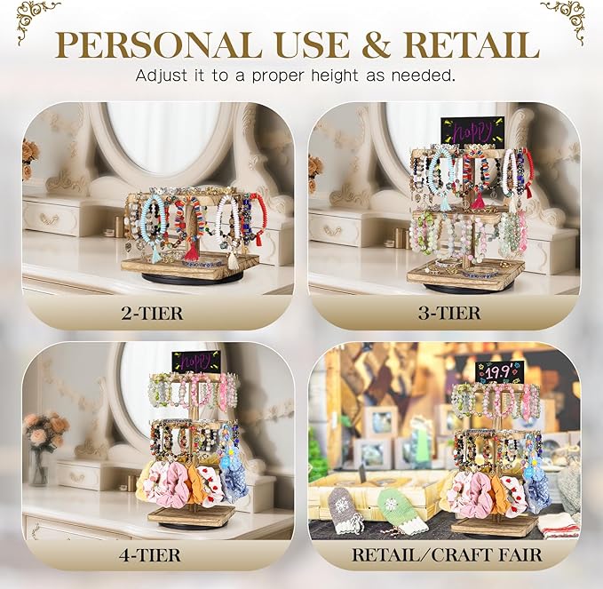 LadyRosian 3-Tier Wooden Rotating Jewelry Display Stand | Bracelet & Keychain Organizer with Advertising Board | 48 Hooks Rustic Holder for Vendor Booth & Stores (3-Tier Square Slot Display)