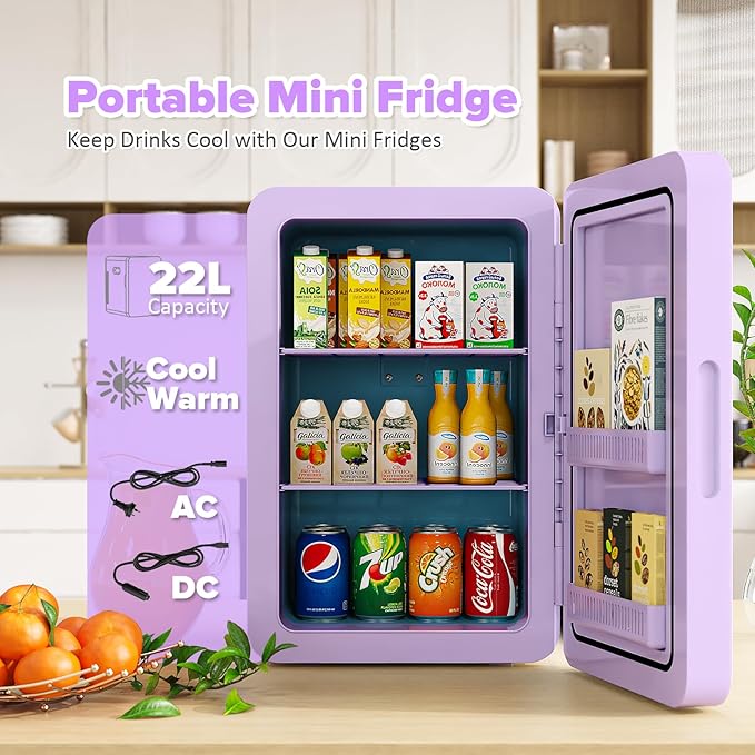 22L/30Cans Mini Fridge for Bedroom, 12v DC Portable Cooler & Warmer, Mini Refrigerator with Glass Front, for Car Office Desk & Dorm Food Beverage Skincare Makeup (Purple)