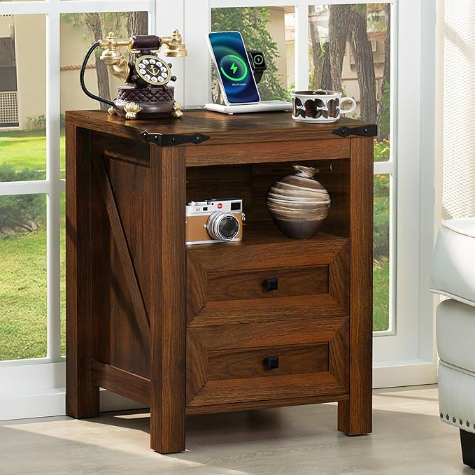 Nightstand with Charging Station and USB Port, Farmhouse Side End Table with 2 Drawers and Open Shelf, Wood Rustic Sofa Table, Bedside Cabinet for Bedroom, Living Room, Closet, Office(Brown)