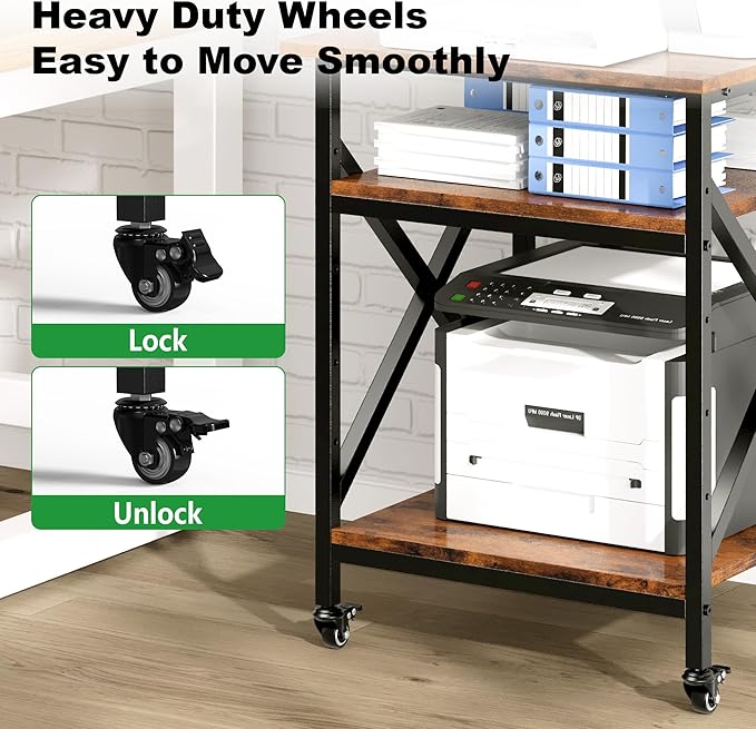 Ollieroo 3 Tier Printer Stand, Large Table with Wheels, Rolling Cart with Height Adjustable Middle Storage Shelf, 23.6 x 23.6 x 30.3 Inches Shelf for Home Office, Vintage Brown