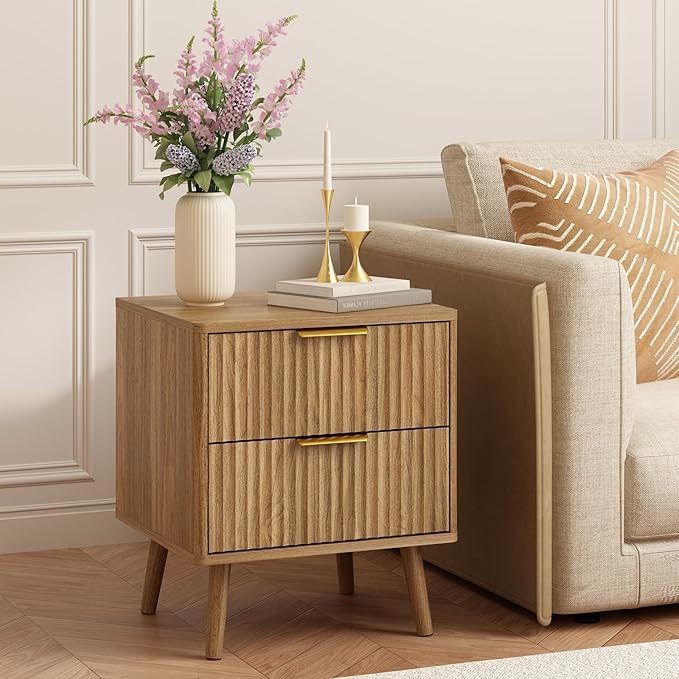 CARPETNAL Fluted Nightstand Set of 2, Walnut Bedside Table with 2 Drawers and Gold Handles, Wood End Table Mid Century Night Stands for Bedroom Living Room