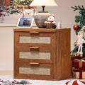 LEYAOYAO Rattan Night Stand with Charger Station, 23" Large 3 Drawer Boho Nightstand, Tea Brown Bedside Table Storage Cabinet, Bed Side End Tables for Bedroom, Living Room, Hallway