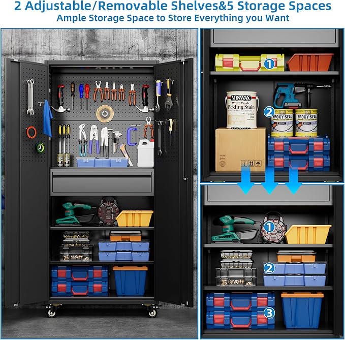 Metal Garage Cabinet with Wheels,71''H Rolling Lockable Steel Tool Cabinet with Pegboard & 1 Drawer for Garage,Home,Office Assembly Required,Black