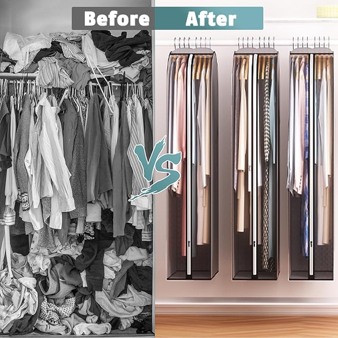 10" Gusseted Garment Bags for Hanging Clothes 32" Suit Bags for Open Closet Storage, Side Clear Clothing Cover for Coat, Dress, Jacket, Shirt, Fur Wardrobe Protector, 3 Packs, Grey