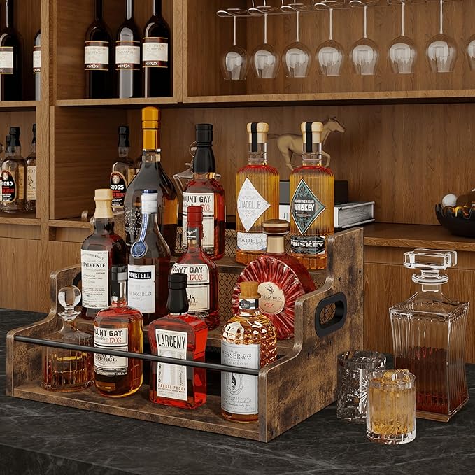Homode Liquor Bottle Display Shelf, 3 Step Coffee Syrup Rack Organizer, Countertop Liquor Wine Rack, Mini bar, Liquor Cabinet, Home Retro Bar Shelf Stand for Whiskey Alcohol Drink