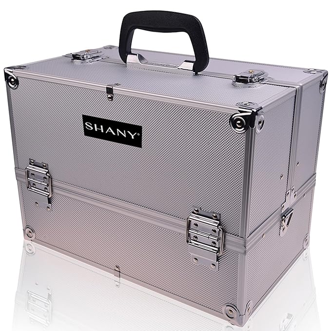 SHANY Essential Pro Makeup Train Case Cosmetic Box Portable Makeup Case Cosmetics Beauty Organizer Jewelry storage with Locks, Multi Compartments Makeup Box and Shoulder Strap - Silver