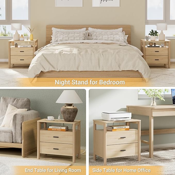 Night Stand Set of 2 with Charging Station, 24" Large Modern Side Table with Solid Round Post Legs, 2 Drawers End Table with Open Shelf, Nightstand for Bedroom, Natural Oak