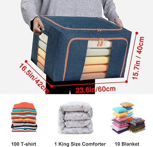 100L Large Storage Bags,Stackable Clothes Storage Bins with Hold Shape Metal Frame,Foldable Closet Organizer Containers with Zipper,Clear Window,Thick Fabric for Seasonal Clothing (Navy 4 Pack)