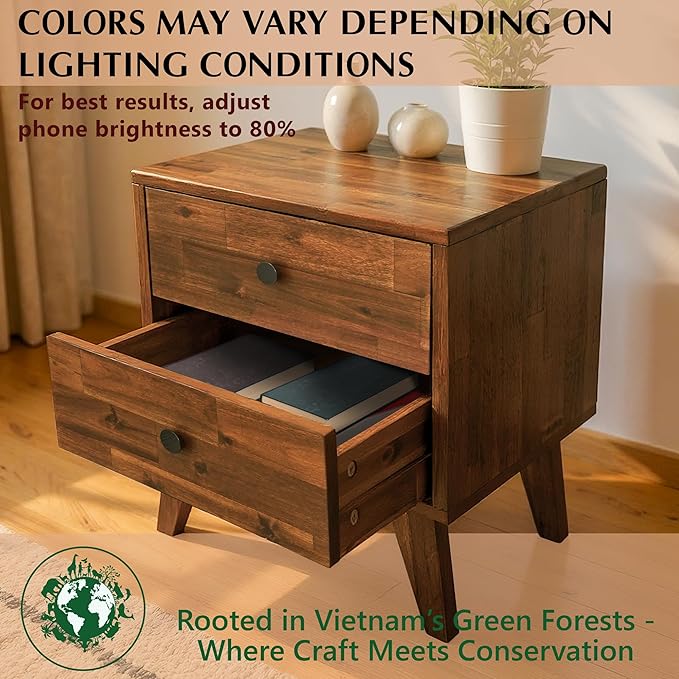 Acacia Silvia Nightstand with 2 Drawers, Solid Wood Bedside Table, Table with Storage Drawers for Bedroom, Bedside End Table with Drawer and Storage Space, Chocolate