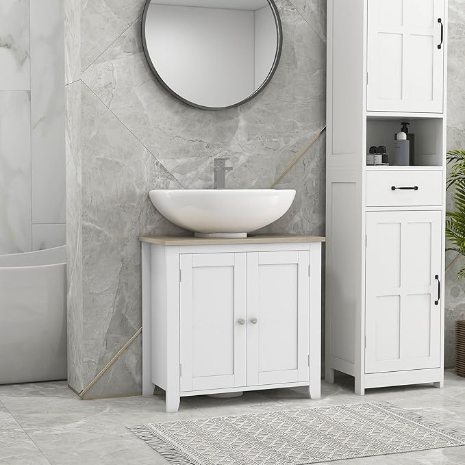 kleankin Pedestal Sink Storage Cabinet, Under Sink Cabinet with U-Shape and Adjustable Internal Shelf, White