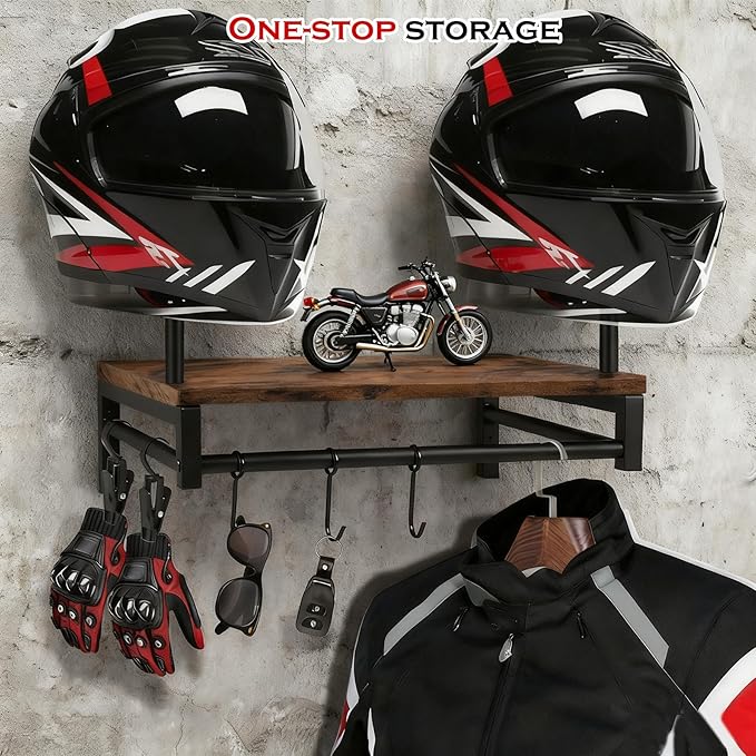 Motorcycle Helmet Holder Wall Mount, Gear Storage Rack with 4 Glove Clips, Wood and Metal Helmet Stand