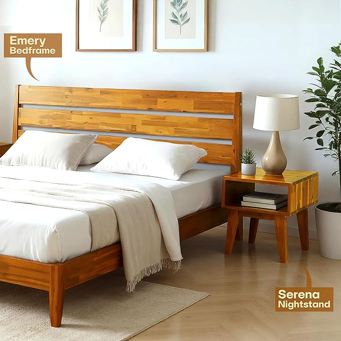 Acacia Serena Nightstand Solid Wood Nightstand with Open Storage Shelf, Wood Bedside Table, Night Stands for Bedroom - Caramel