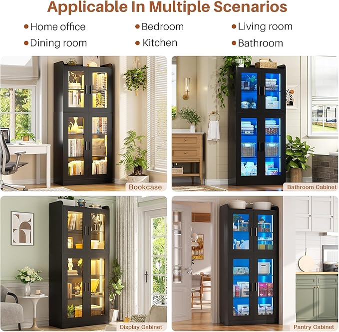 Unikito Display Cabinet with Glass Doors, 67" Tall Bookcase with LED Lights, Glass Display Case with 5-Tier Storage Shelves, Curio Cabinet for Collectibles Bedroom Living Room Office, Black Bookshelf