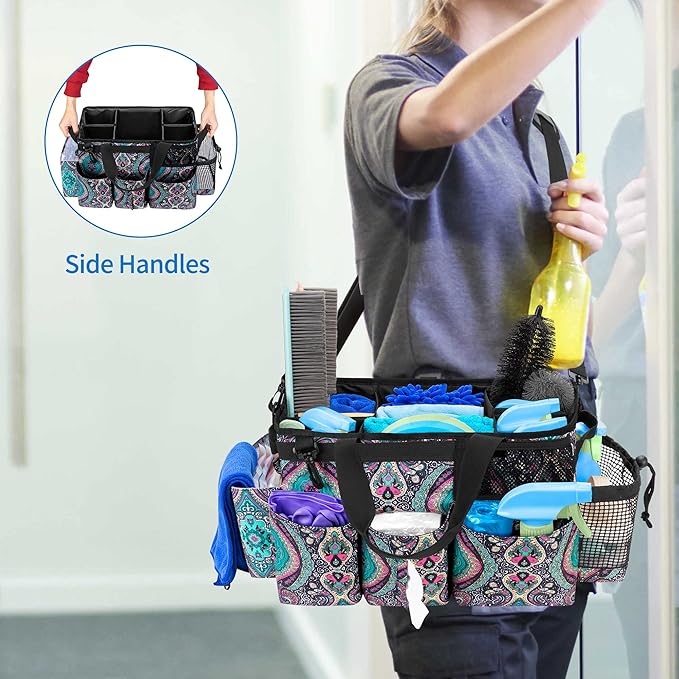 LoDrid Wearable Cleaning Caddy Bag with 4 Foldable Dividers, Cleaning Supply Organizer with Shoulder Strap and Side Handles for Cleaners & Housekeepers, Totem