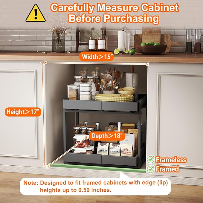 Golener 2-Tier Expandable Pull Out Cabinet Organizer - Pull-Out Drawers for Kitchen Cabinets, 2 Slide Home Storage Organizers, Slide Out Shelves for Base Cabinet Organization in Kitchen, Black Metal