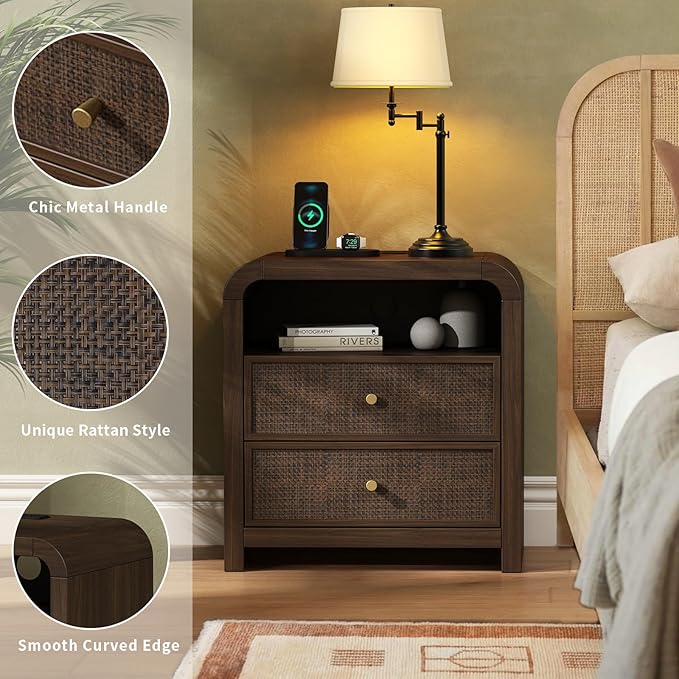 Oak&Sparrow 2 Drawer Tall Dresser for Bedroom, 23.6'' Rattan Dresser with Ample Storage, Boho Chest of Drawers, Thickened Curved Profile Design, Dark Walnut Dressers for Bedroom, Living Room