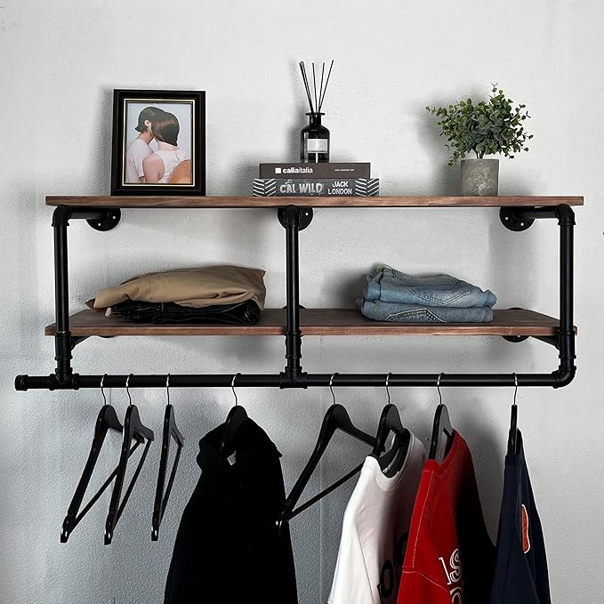 Industrial Pipe Clothing Rack with Top Shelf, Space-Saving Wall Mounted Clothes Rack 2 Tiers, Shelf with Hanging Rod for Closet Storage, Laundry Room. (2Tier, Brown)