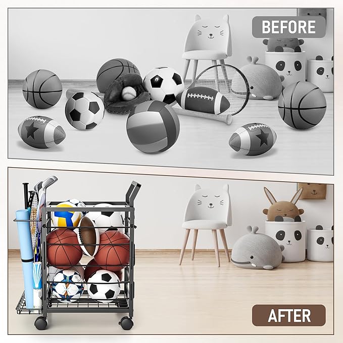 Sports Equipment Garage Organizer,Garage Ball Storage Rack for Sports with Wheels-Upgraded 3 Layers Organizer Rack Outdoor Basketball Racks for Balls with Holder and Hooks (Dark Black)