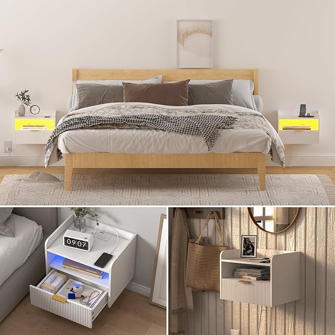 White Floating Nightstand with Charging Station and LED Lights (White)