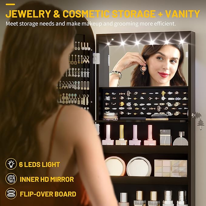 LVSOMT LED Mirror Jewelry Cabinet, Wall/Door Mount Jewelry Mirror Organizer, Rounded Full Length Mirror with Storage, Lockable Jewelry Armoire, 16" Wide, Foldable Shelf, Interior Mirror, Black