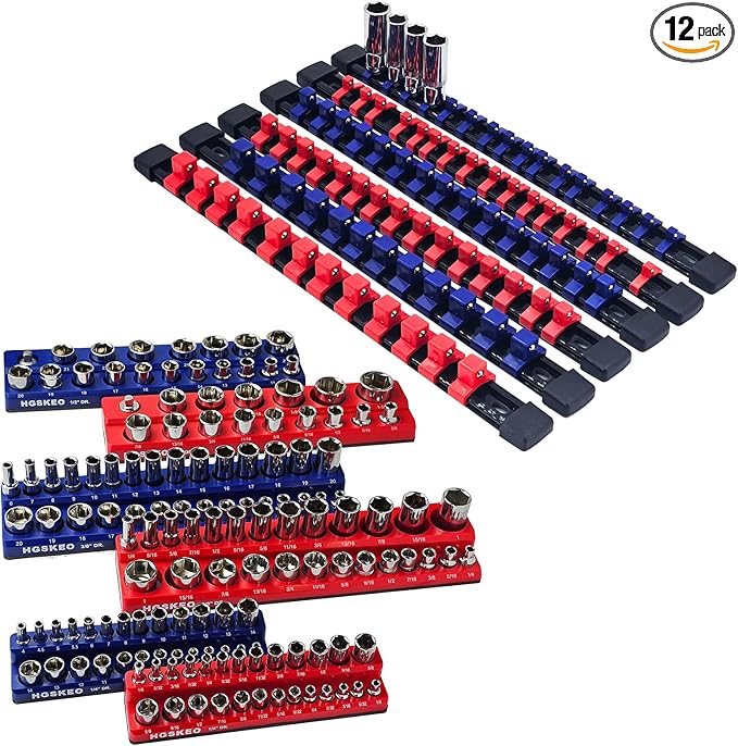 Magnetic Socket Organizer Set & Socket Clip Rail Holder, Totally 12Pcs Socket Tray Set for 1/4", 3/8", and 1/2" Sizes Drive, Premium Qualit Socket Organizer(Red & Blue, 12Pcs)