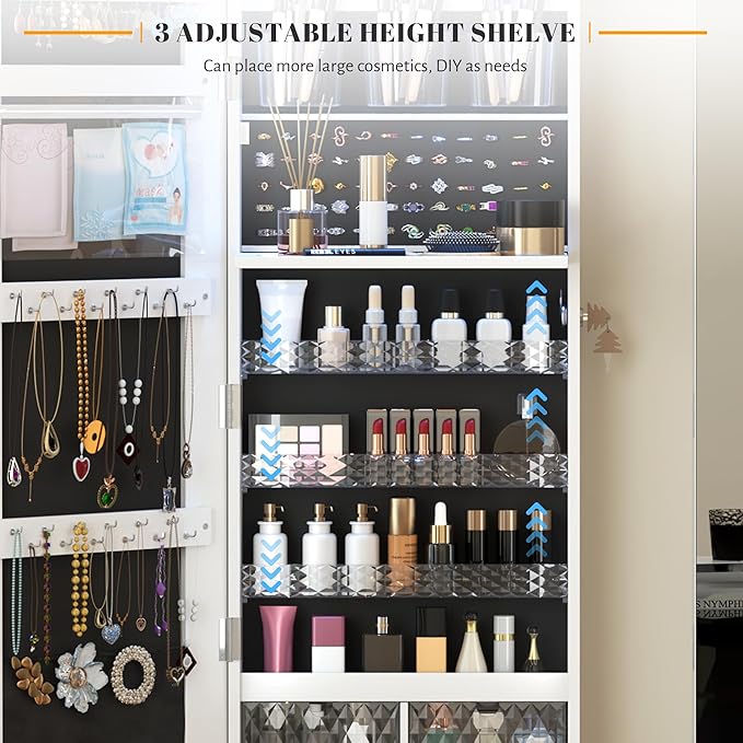 Vlsrka 47.2" LED Mirror Jewelry Cabinet, Wall/Door Mounted Full Length Mirror with Storage, Lockable Jewelry Armoire with Mirror, Rounded Corner Hanging Mirror Jewelry Organizer, White