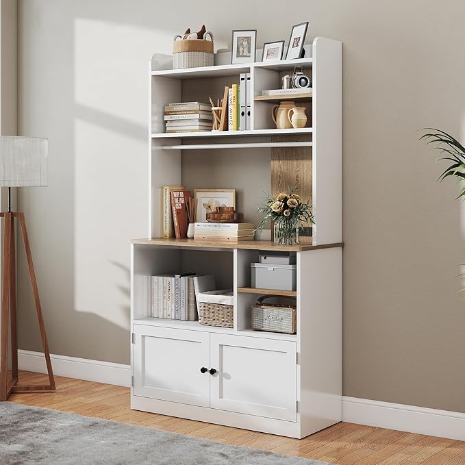 Book Shelf, 5-Tier Bookshelf, Bookcase, 71 inch Tall Bookcase with Doors, Bookshelves and Bookcases with Storage Cabinet and 6 Open Cubes, 3 AC Outlets for Home Office, Living Room, Study, White