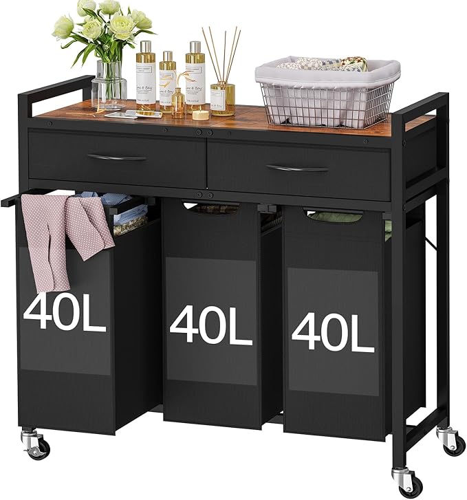 Laundry Sorter 3 Section, 120 L Laundry Hamper with 2 Drawers & 2-tone Top Panel, Rolling Laundry Basket Organizer with Pull-Out Removable Oxford Fabric Bags for Laundry Room Organization