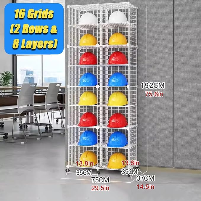 Stackable Safety Helmet Storage Boxes, Large Adjustable Hard Hat Placement Organizer Rack,with Wheels,for Construction Site/Garage/Workshop/Factory Helmet Display Shelf (White, 16 Grids-2 * 8)
