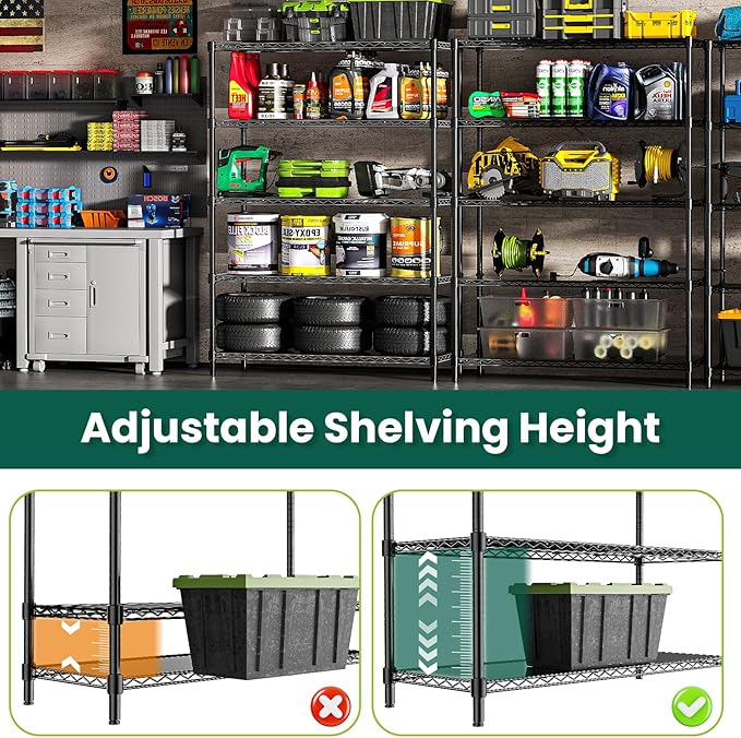 48" W Storage Shelves 5-Tier Wire Shelving, 1875LBS Adjustable Metal Shelving with 5 Shelf Liners, Heavy Duty Steel Wire Rack for Garage Commercial Pantry Kitchen, 48" W x 18" D x 72" H, Black