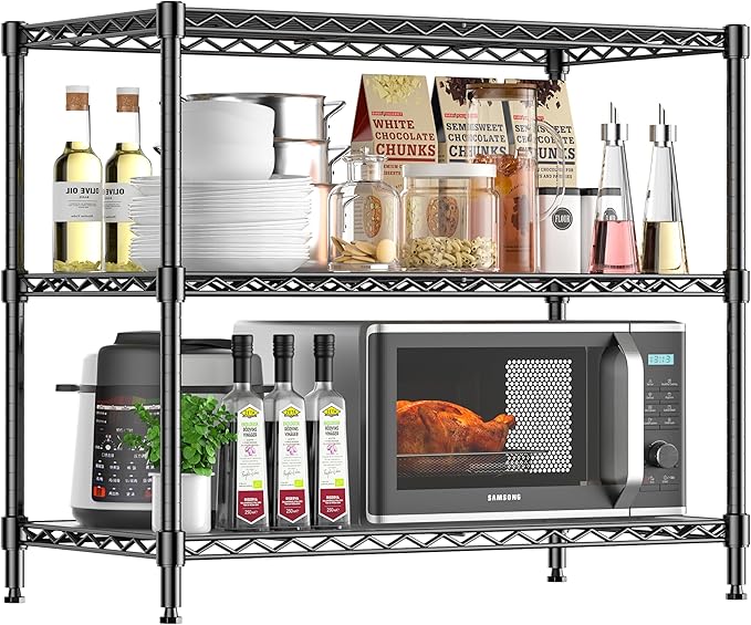 3-Shelf Adjustable Storage Shelves Metal Shelving Unit Heavy Duty Wire Rack Small Organizer with 3 Shelf Liners for Kitchen Pantry Bathroom Laundry Closet Garage 24" W x 14" D x 30" H Black