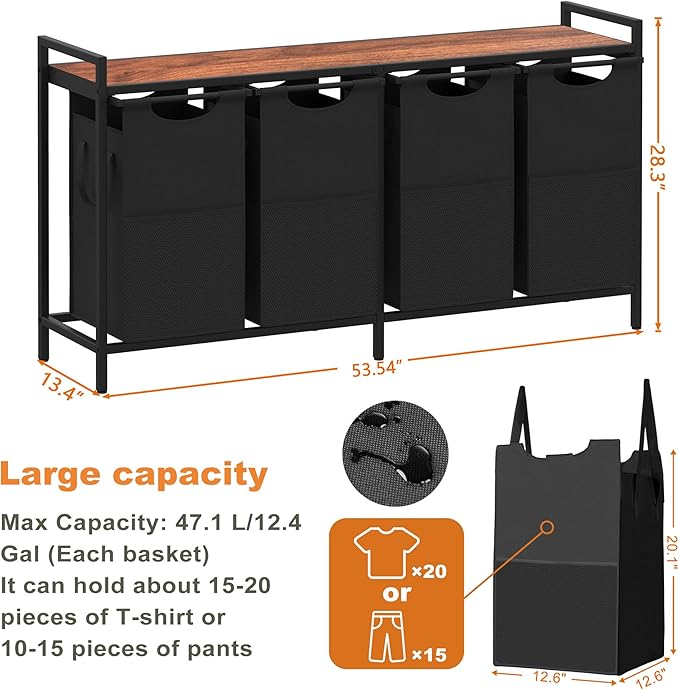 Heybly Laundry Hampers,4 x 12.5 Gal Laundry Basket with Large Desktop Sorter for Laundry Room organization, Bathroom and Dorm Laundry Bags on Storage Shelf, Walnut HLH004WB
