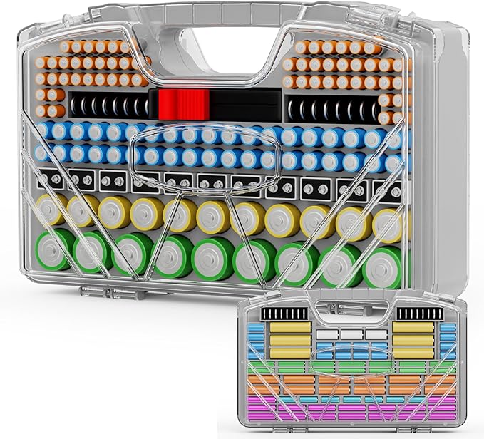 Battery Organizer Storage Holder Box Case with Tester, Stores & Protects Up to 285+ Batteries, Double-Sided and Durable Design,Holds AA AAA 4A C D Cell 9V 3V Lithium LR44 CR2 CR123 (Grey)