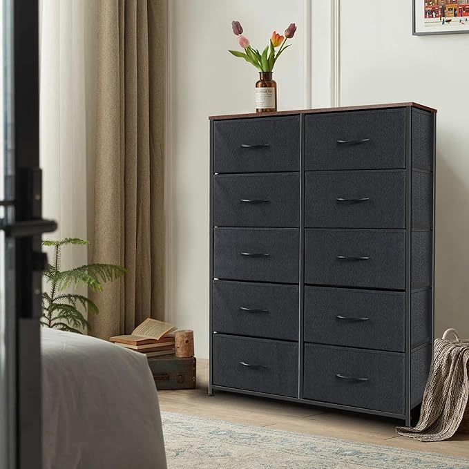 Dresser for Bedroom with 10 Drawers, Chest of Drawers, Storage Drawers Organizer Unit, Black Wide Fabric Dresser with Fabric Bins for Closet, Living Room, Entryway (Black and Rustic Brown)