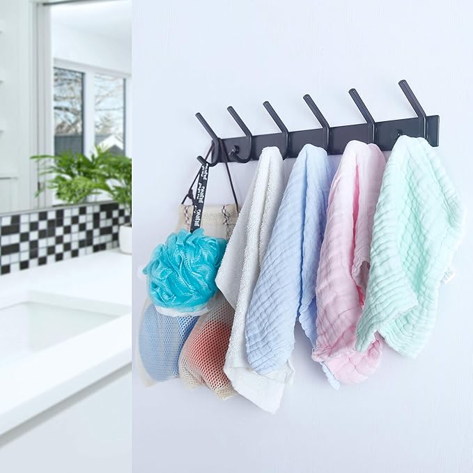 WEBI Coat Rack Wall Mounted,17-1/8 Inch Coat Hooks for Hanging Coats,Heavy Duty Metal Hook Rack Rail with 6 Double Dual Hooks Coat Hanger Wall Mount for Clothes Jacket,Black,2 Packs