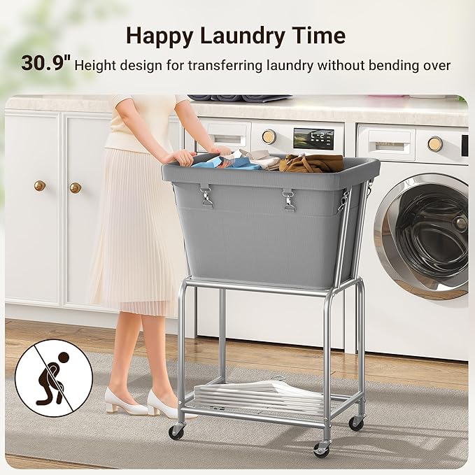 ELYKEN Laundry Cart with Wheels, Rolling Laundry Hamper with Removable Bag and Shelf, Metal Frame Laundry Basket with 4 Casters and 2 Brakes, Ideal for Bedroom, Bathroom, Laundry Room, Gray