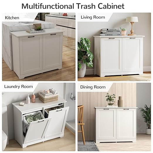 JAXPETY Double Tilt Out Trash Cabinet, Kitchen Hidden Garbage Can with Negative Ion & Deodorizing Function,Free Standing Recycling,Dog Proof 10 Gallon Trash Bin Cabinet for Bathroom, Living Room